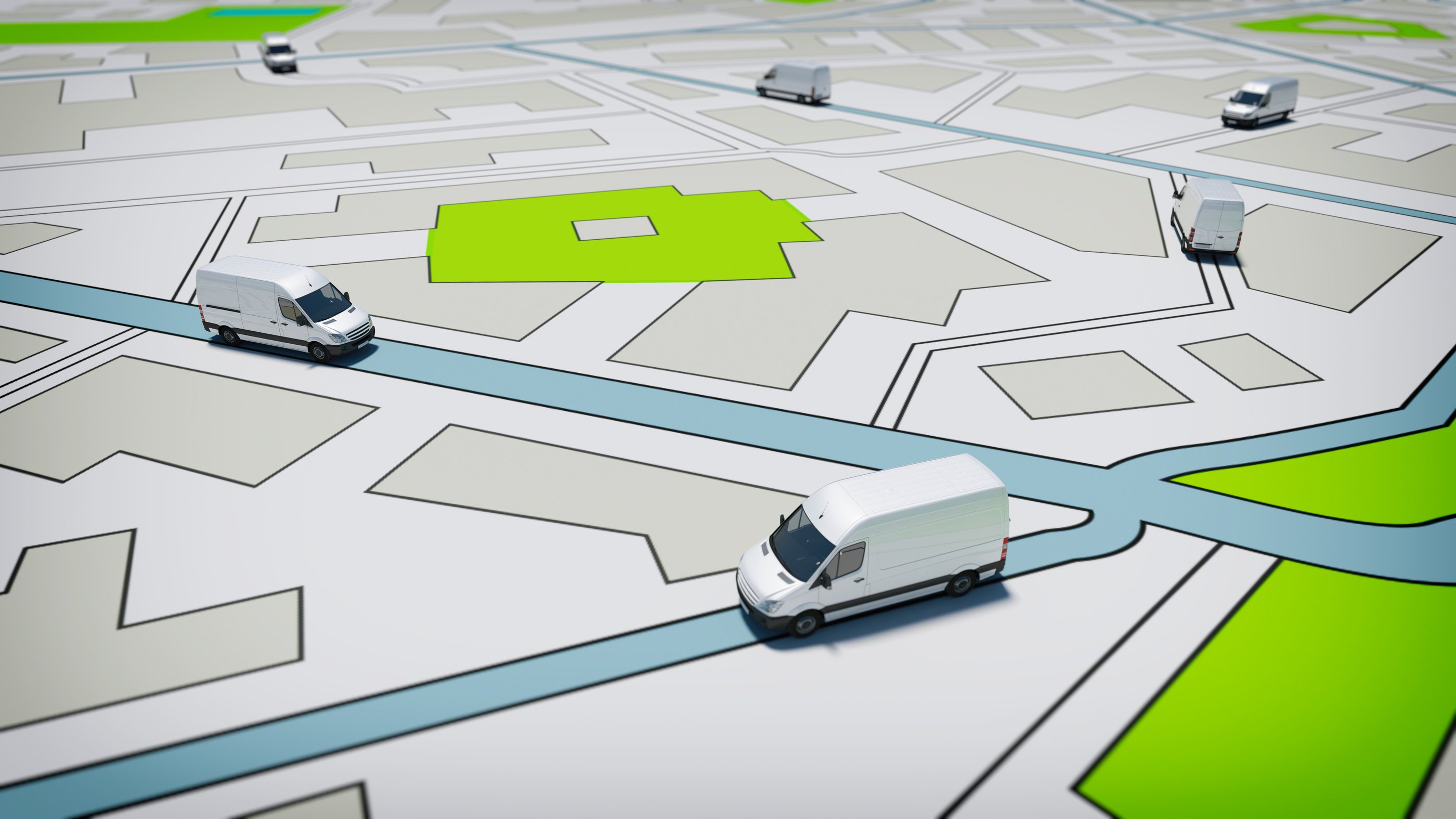 Trucks on a Road City Map. Concept of Global Shipment and GPS Tracking